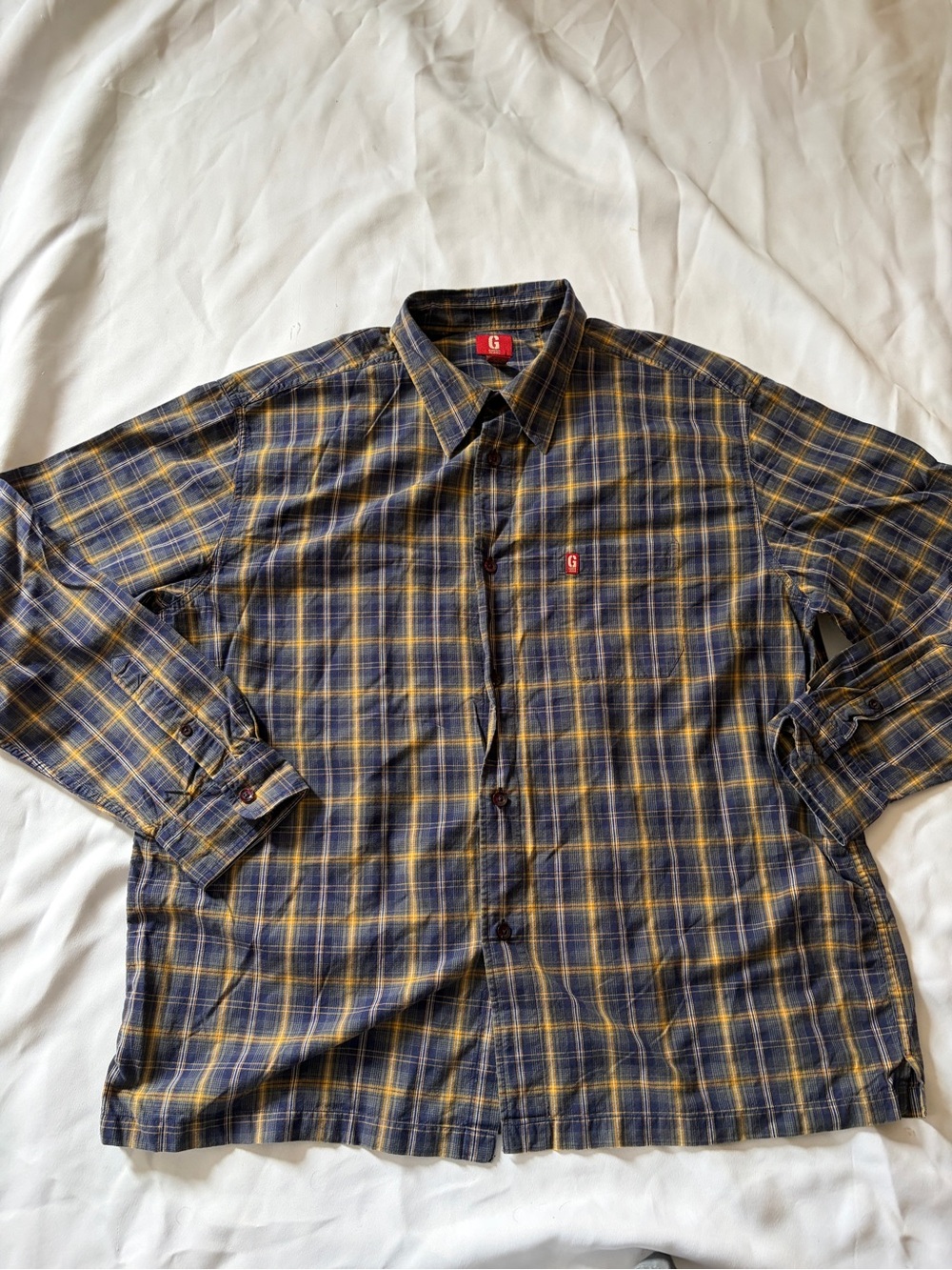 Guess Men’s Navy and Yellow Plaid Button-Down Shirt